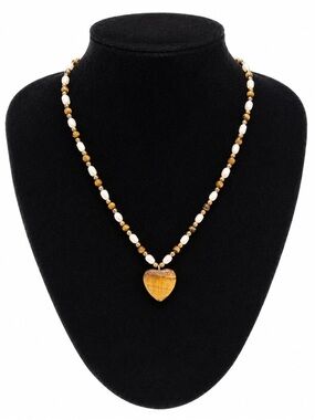 Tiger’s Eye Heart Pendant Beaded Necklace Romantic Boho Gold Tone Jewelry